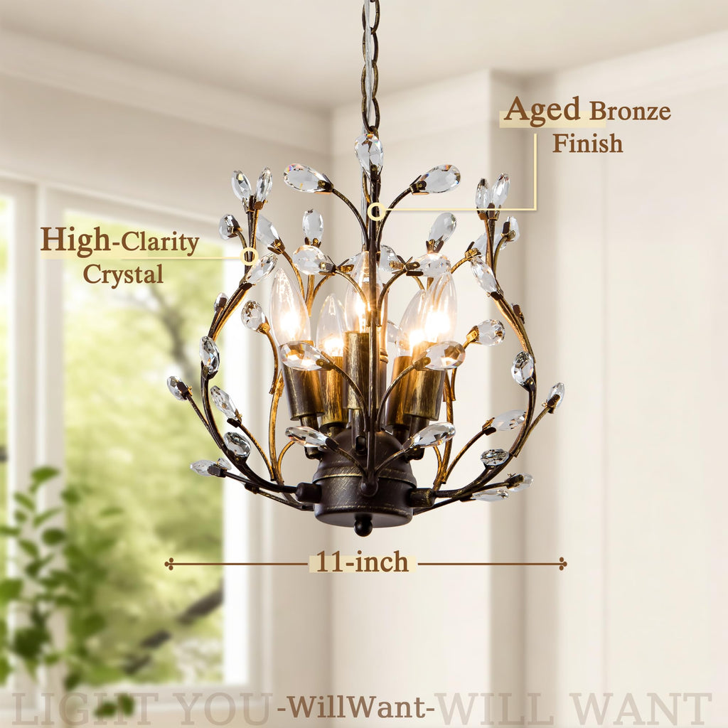 Vintage 5 Light Crystal Chandelier, Aged Bronze Tree Branch