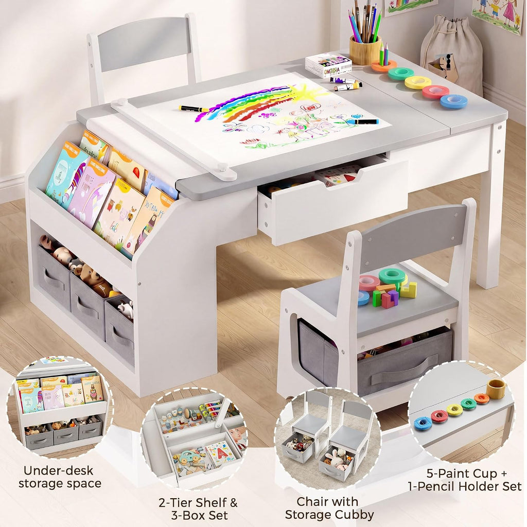 In-1 Kids Table and Chairs, Toddler Table and Chair Set with Drawers, Convertible Craft Play Desk with Art Easel &