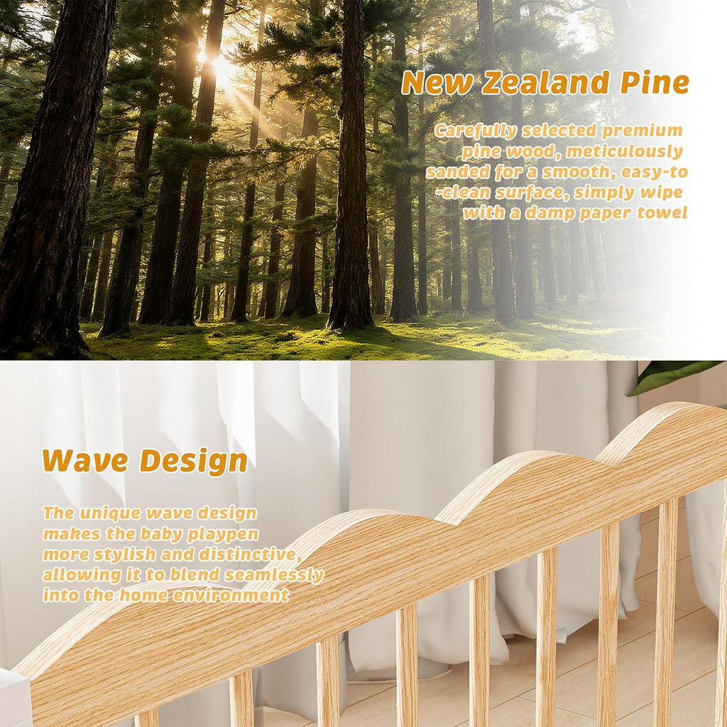 Wooden Baby Playpen 69x69 Inch Foldable Toddler Fence with Safety Lock | Extra Large Natural Wood Foldable Baby