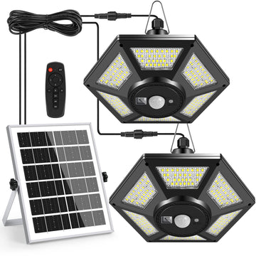 Solar Pendant Lights, Dual Head Solar Shed Lights with Motion Sensor for Outdoor, 180 LED Solar Indoor Lights with