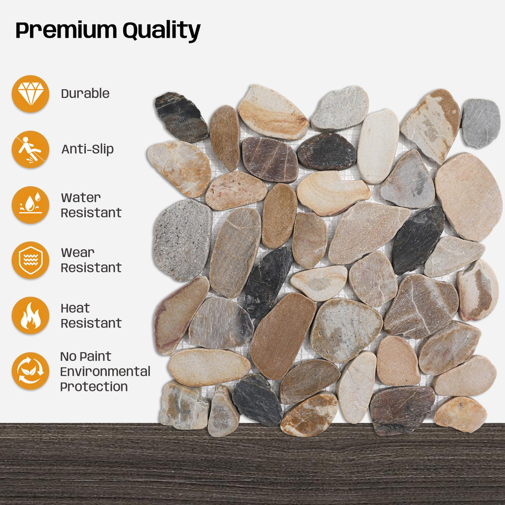 Pebble Tile for Shower Floor, Brown Sliced Pebble Mosaic Tile, 5 Pcs