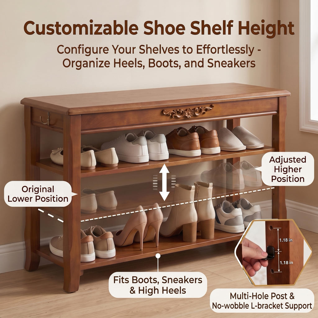 Shoe Rack Bench with Storage 3 Tier Solid Wood Entryway Shoe Rack 39.4"
