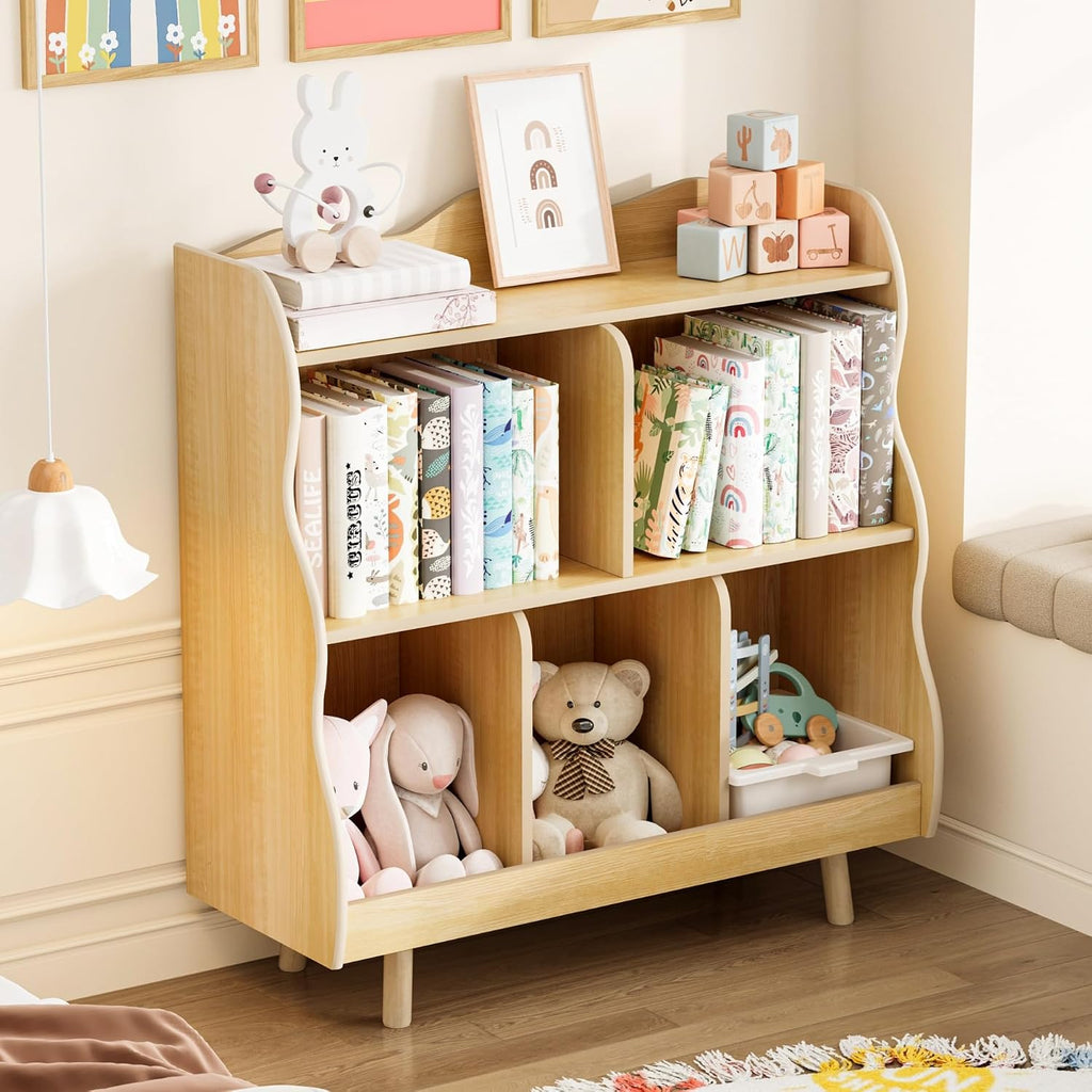 Kids Bookshelf and Toy Storage Orangizer, 3-Tier, Curve | Children's Bookcase, Curve Design, 5 Cubbies Toy Storage