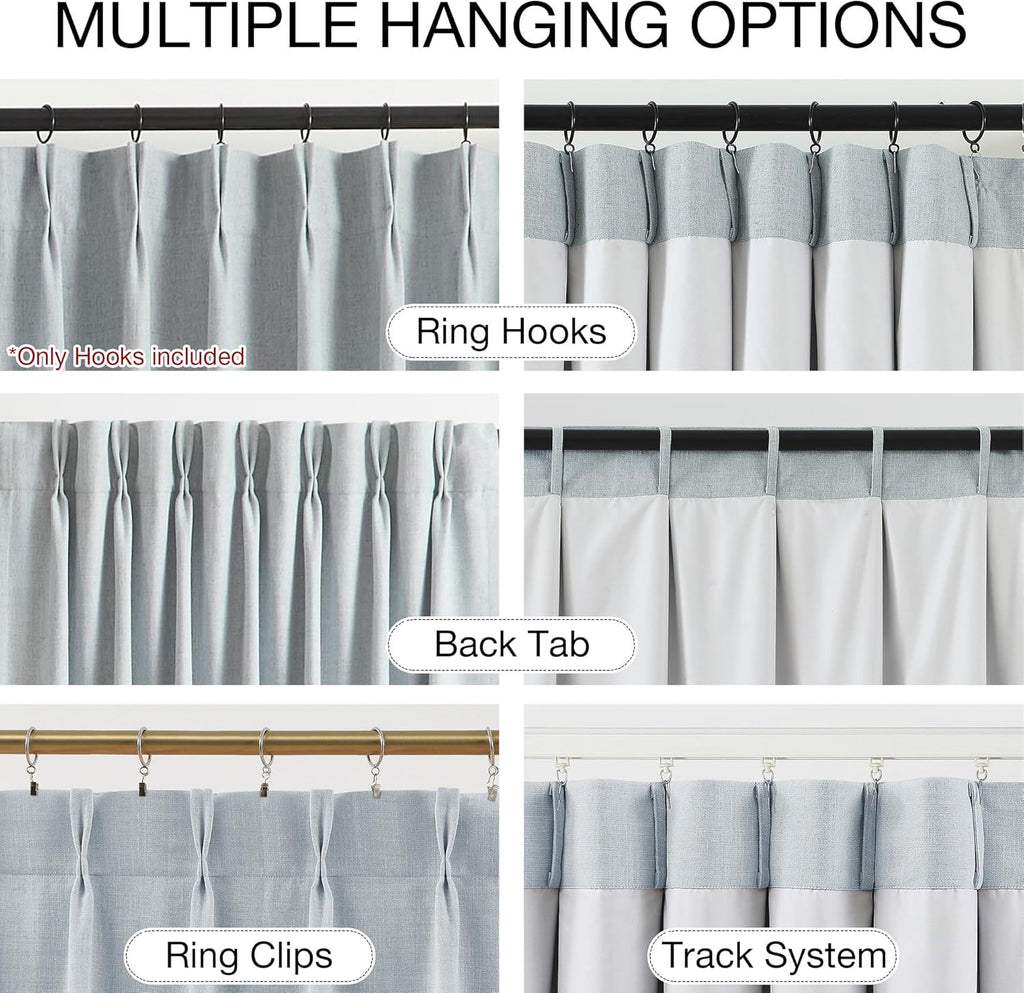 Blue Gray Pinch Pleated Full Blackout Curtains, Linen Blend Room Darkening Thermal Insulated Soundproof Drapes, 84