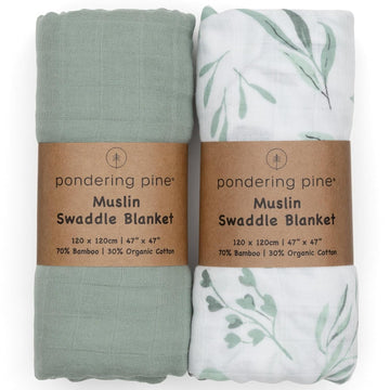 Organic Baby Muslin Swaddle Blankets for Boy or Girl - Eucalyptus Leaves and Sage Swaddling Blanket 2 Pack - Soft