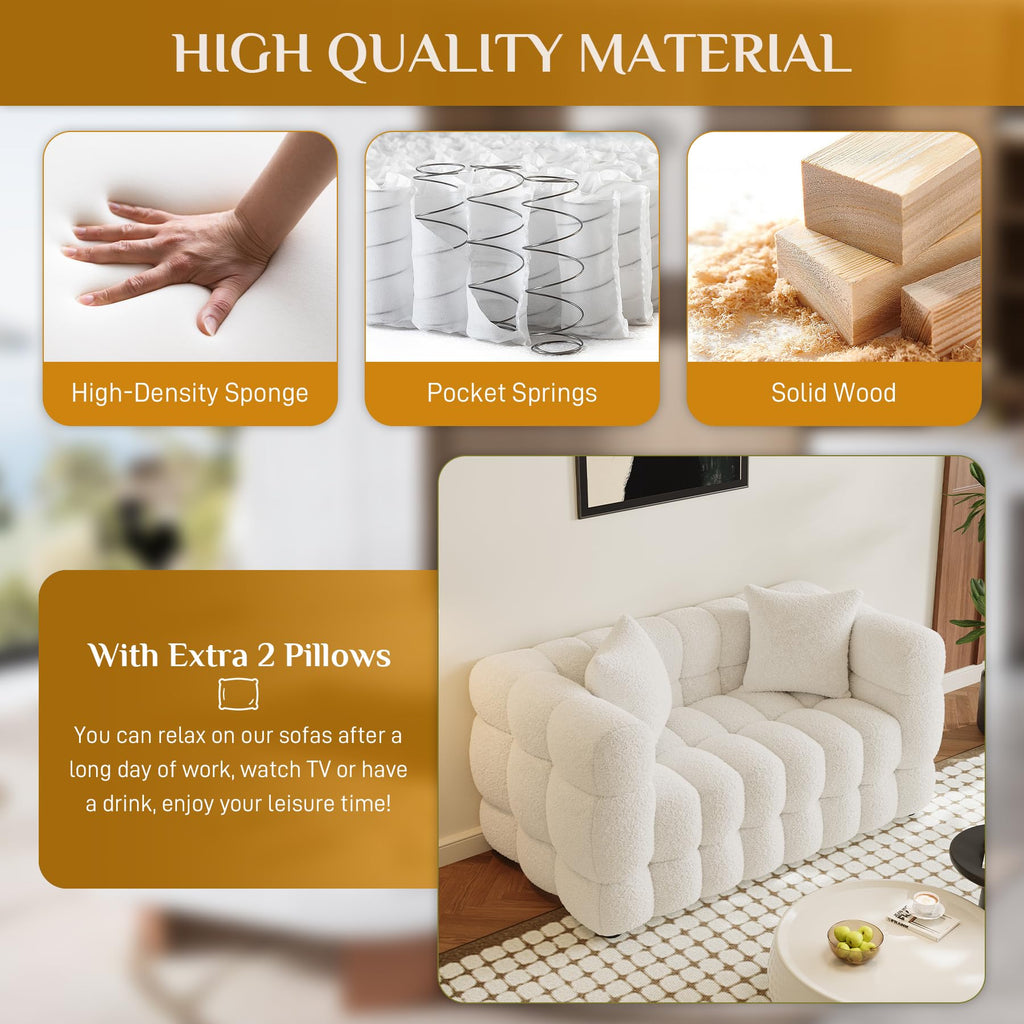 55" Boucle Cloud Loveseat with 2 Pillows, Beige White