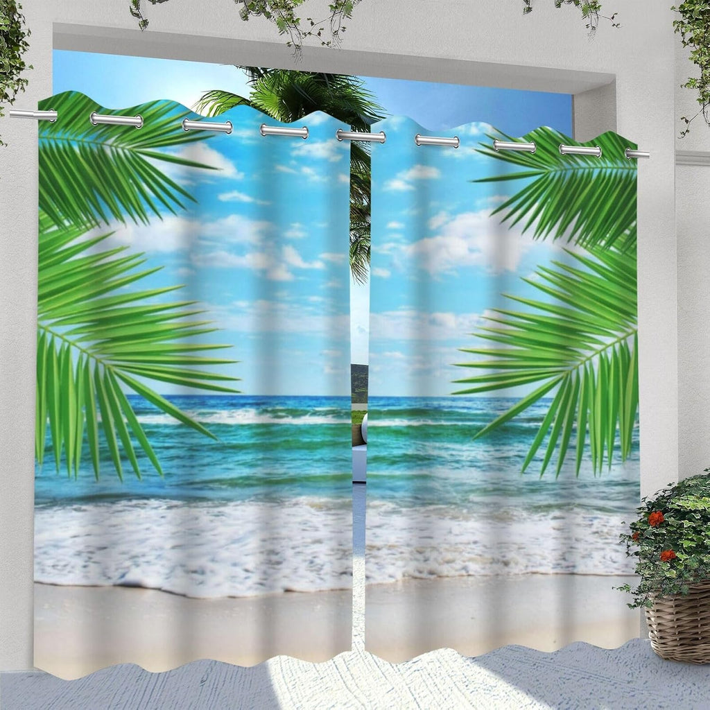 Tropical summer beach Waterproof Outdoor Curtains ,palm leaves waves blue sky Print,Privacy Weatherproof Grommet