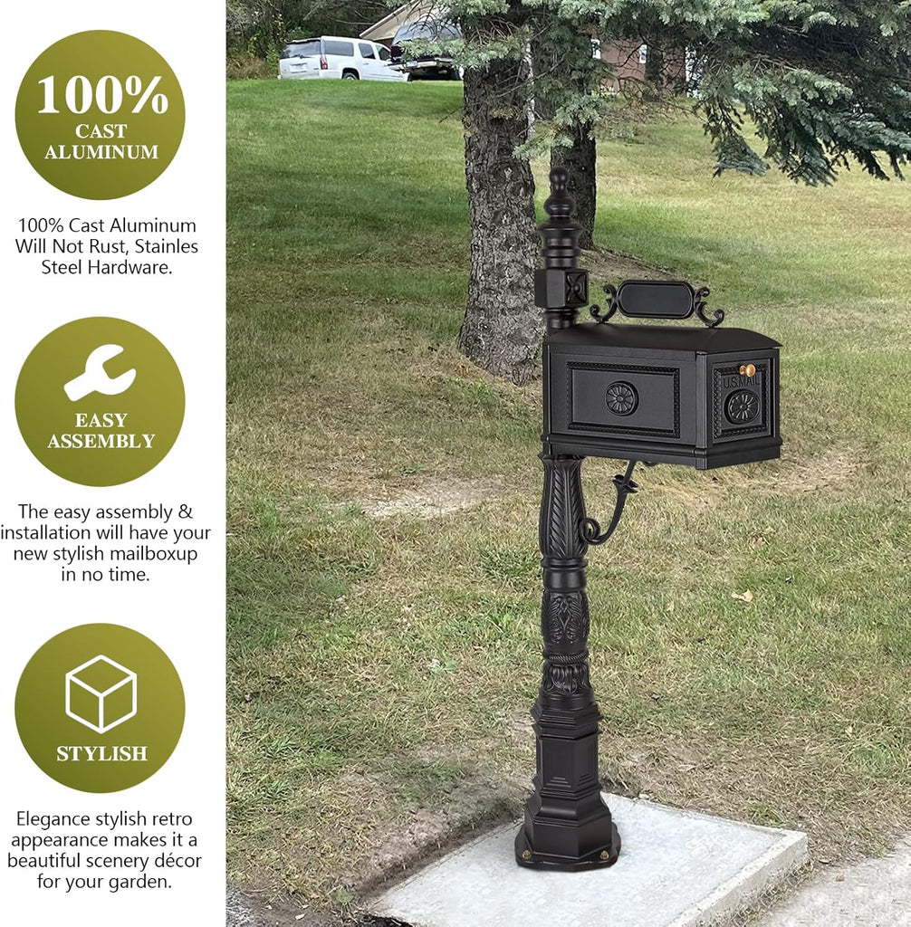 Barcelona Decorative Post Mailbox Combination Stratford Heavy Duty Postal Mail Box Cast Aluminum(Black)