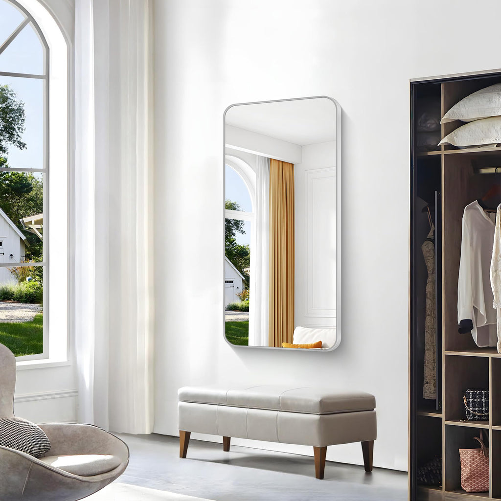 Silver Bathroom Mirror,24x48 inch Wall Mirror Wall Mounted,Rectangle Mirror Over Sink,Modern Frame Round Corner