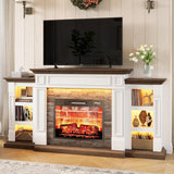 72 Inch Electric Fireplace TV Stand with Mantel and Storage Cabinets, LED Lighting, Stacked Stone Surround and 3D Realistic Flame Insert Heater