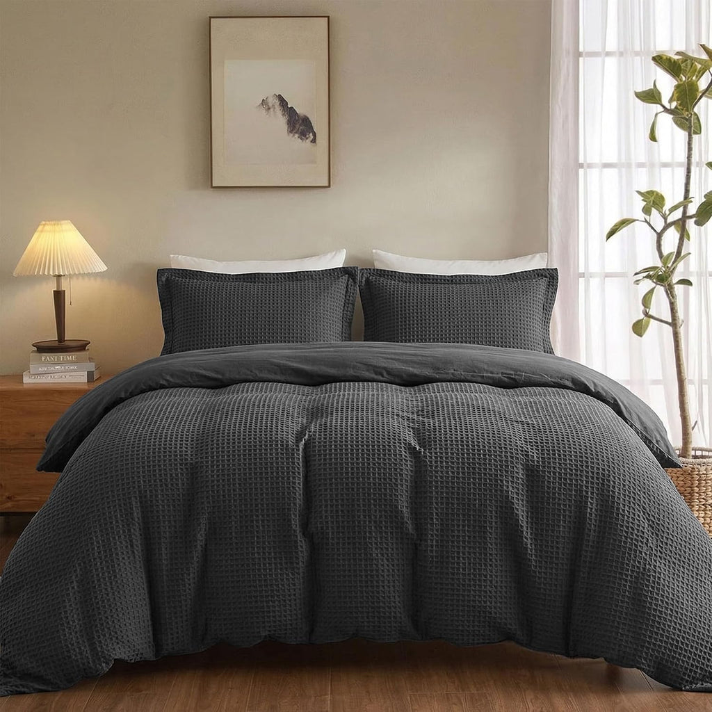 100% Cotton Duvet Cover Queen - Waffle Weave Duvet Cover Set for All Season, Linen Like Textured Bedding Sets 3 Pcs