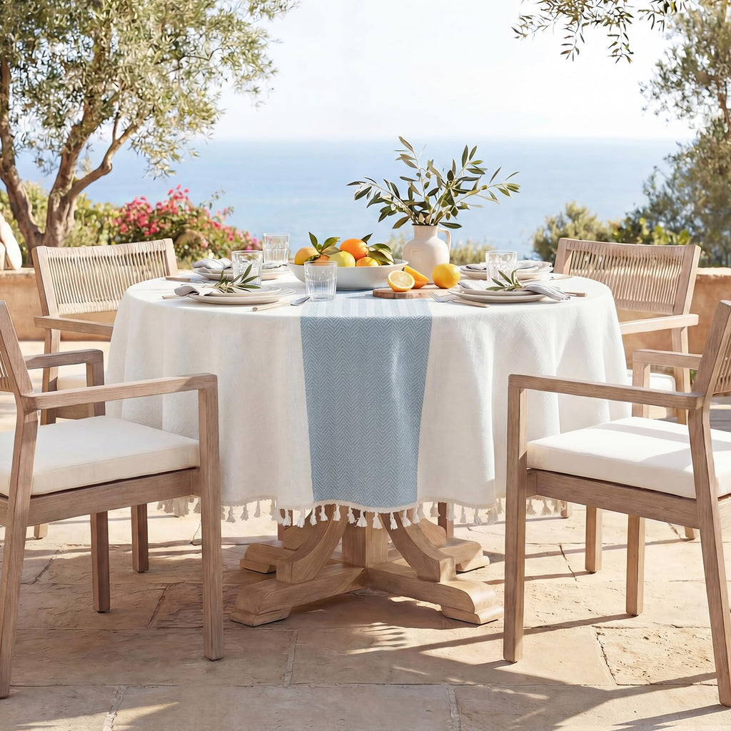 Outdoor Linen Round Tablecloth with Tassel, 55 x 55 Inch