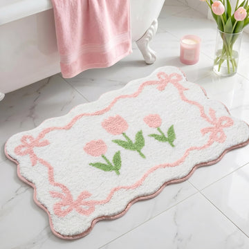 Pink Tulip Bath Mat, Preppy Floral Rug, Scalloped Edge 20x32 Inch