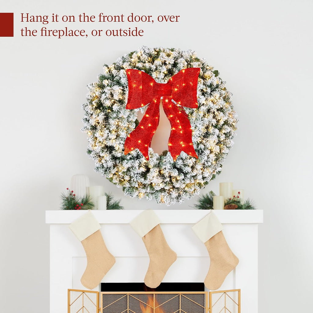 36in Large Flocked Artificial Pre-Lit Fir Christmas Wreath Holiday Accent Decoration for Door, Mantel w/Red Lighted