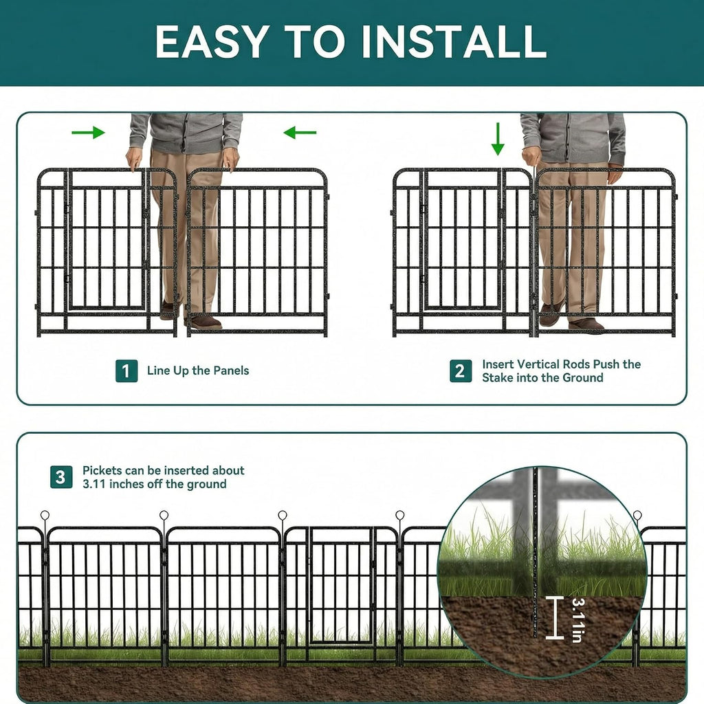 12 Panels No Dig Outdoor Garden Fence with Gate for Yard, 47 in X 27 ft | Rustproof Metal Coating-Strengthened Dog
