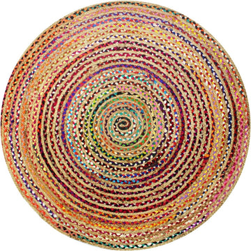 Jute Chindi Braid Rag Rug - 7 Feet Round Multi Color Area Rug | Handwoven Reversible Jute & Natural Recycled Cotton