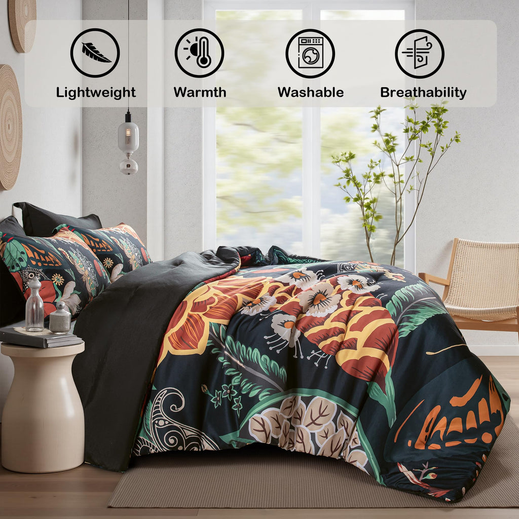 Black Boho Floral Comforter Set - 3 Piece Vintage Botanical Bedding Comforter Sets for All Season Soft