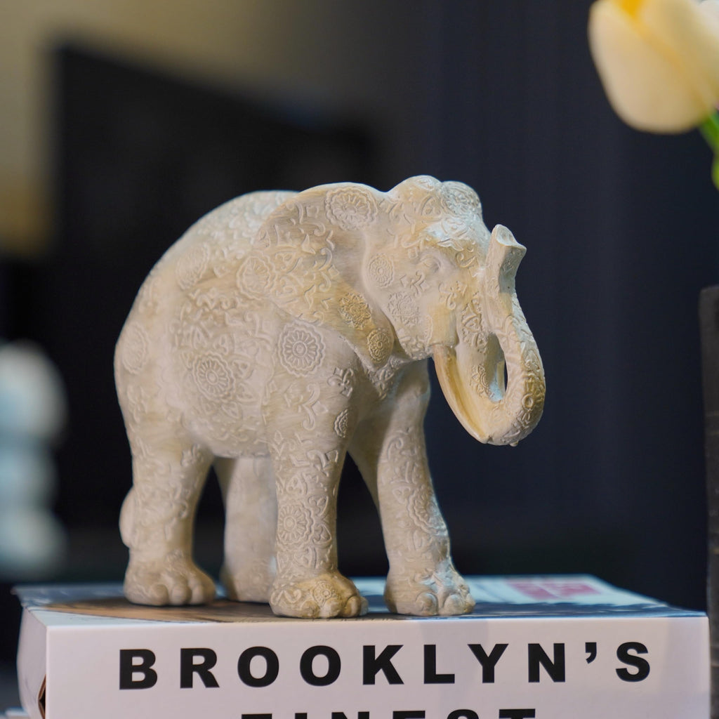 Elephant Statue Decor, Cream, 7.25 x 3.25 x 5.75 Inch