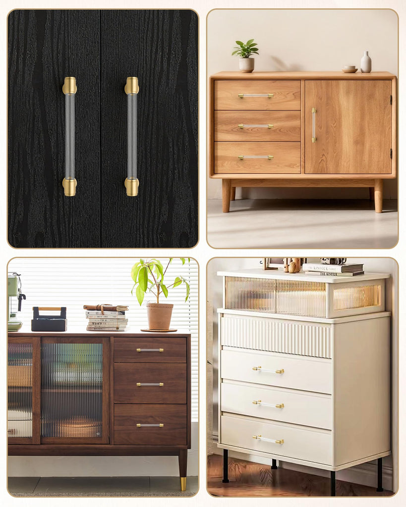 5'' Brass and Acrylic Cabinet Pulls,5 Pack Gold Drawer Handles