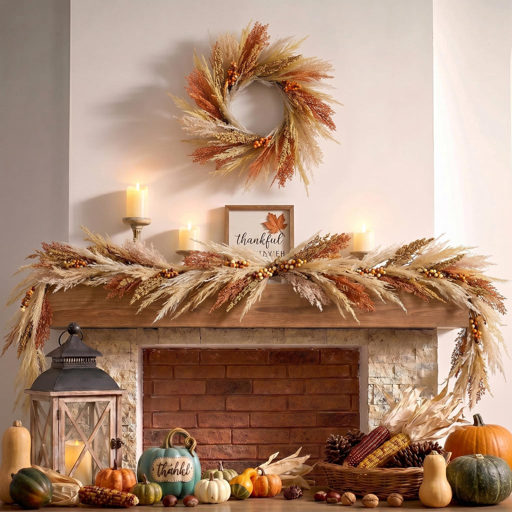 18'' Neutral Fall Pampas Wreath with Lights for Front Door