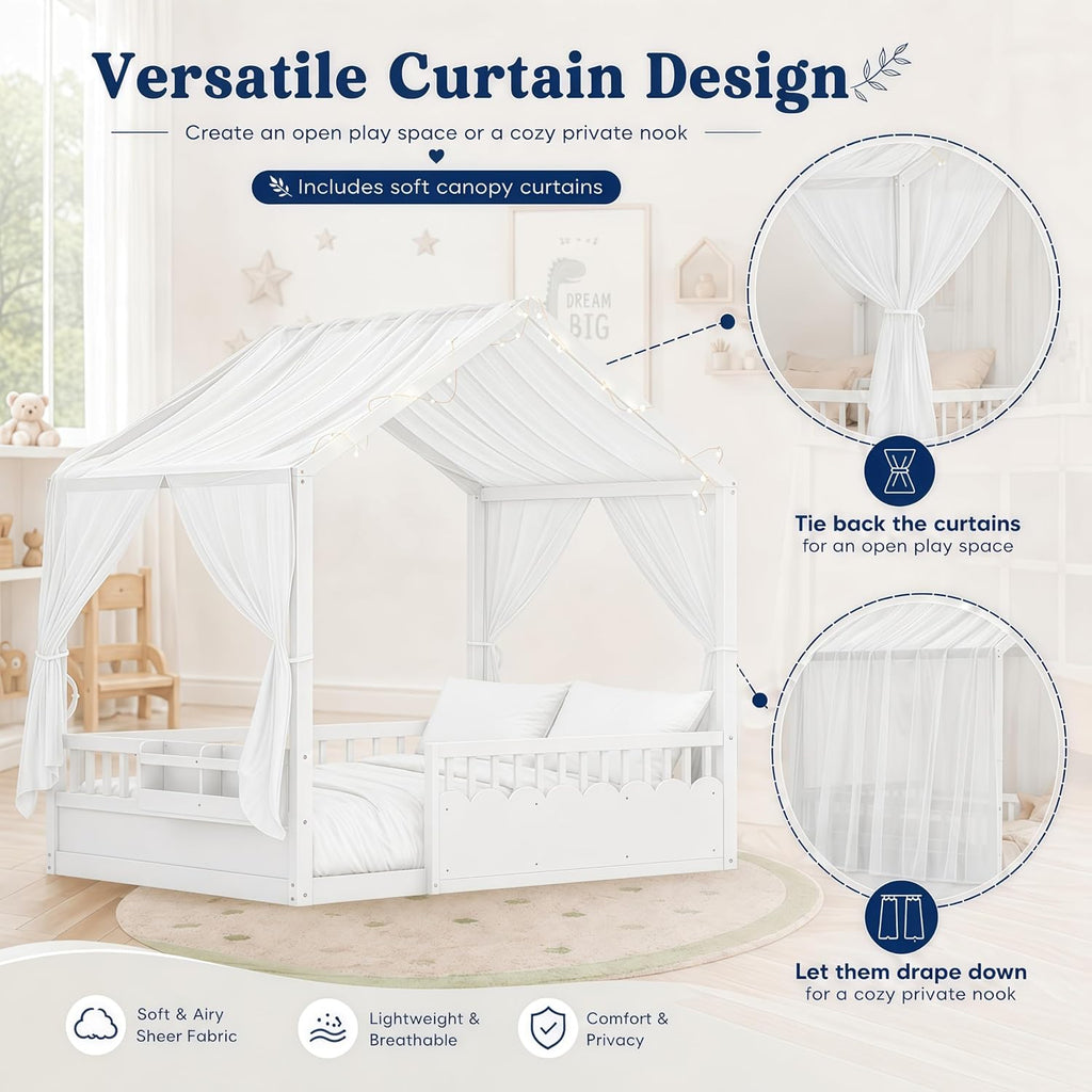 Floor Bed Frame, Wooden Canopy House Bed Frame, White