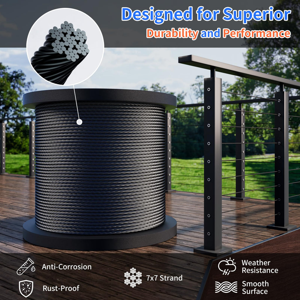 1/8 T316 Black Stainless Steel Cable - 600FT Corrosion-Resistant Wire Rope for Cable Railing Kit and Hardware - High