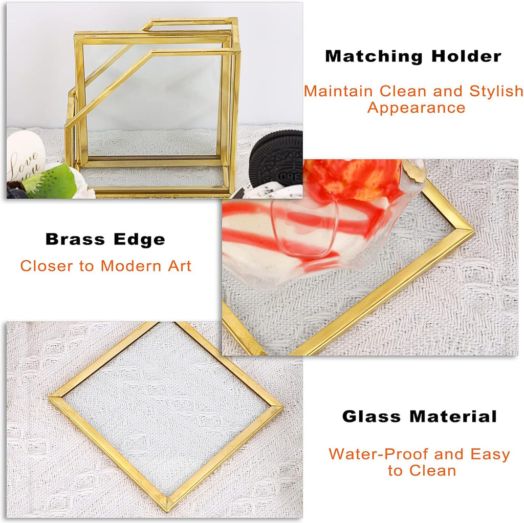 Gold Brass Clear Glass Round Coaster with Holder for Drinks - Set of 7