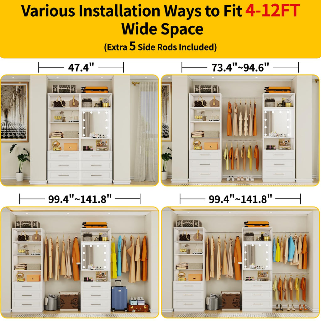Closet System with 6 Drawers & Mirror, 4-12FT Closet Organizer System with 6 Shelves, 5 Hanging Rods & Light, Modular