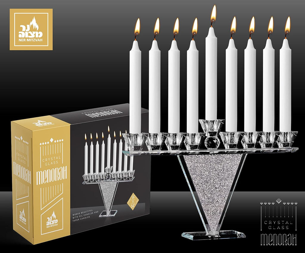 Crystal Glass Hanukkah , Modern Style Oil and Candle for Chanukah, Fits Standard Chanukah Oil Cups and Large Candles