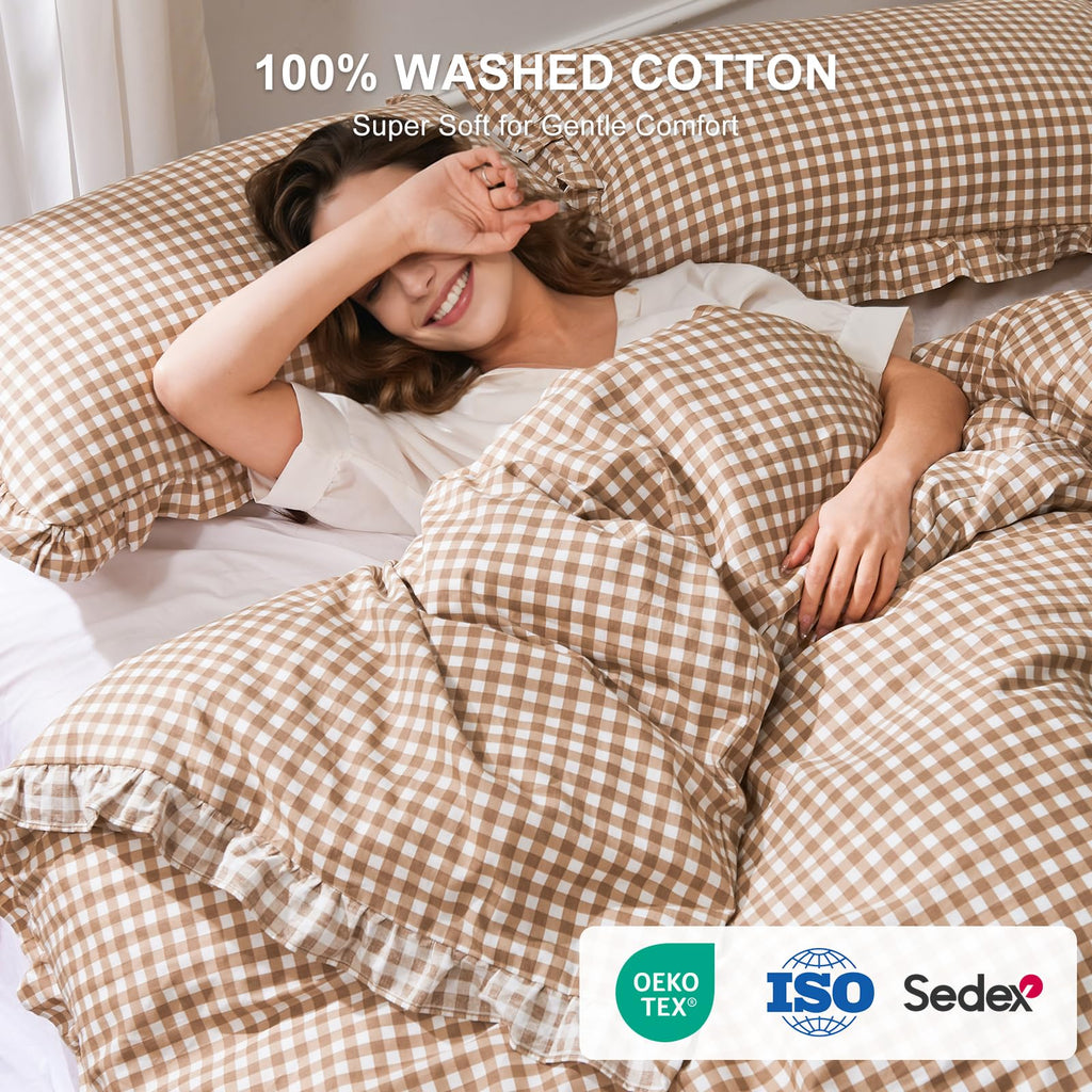 Ruffle Gingham Duvet Cover Brown/White, 100% Cotton