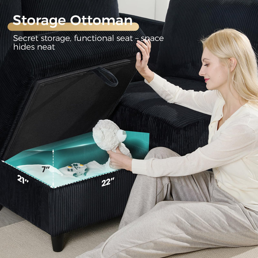 3 Seat 83'' Sofa Couch - Modular Sectional Small Couch with Storage Ottoman, Convertible L Shaped, Modern Reversible