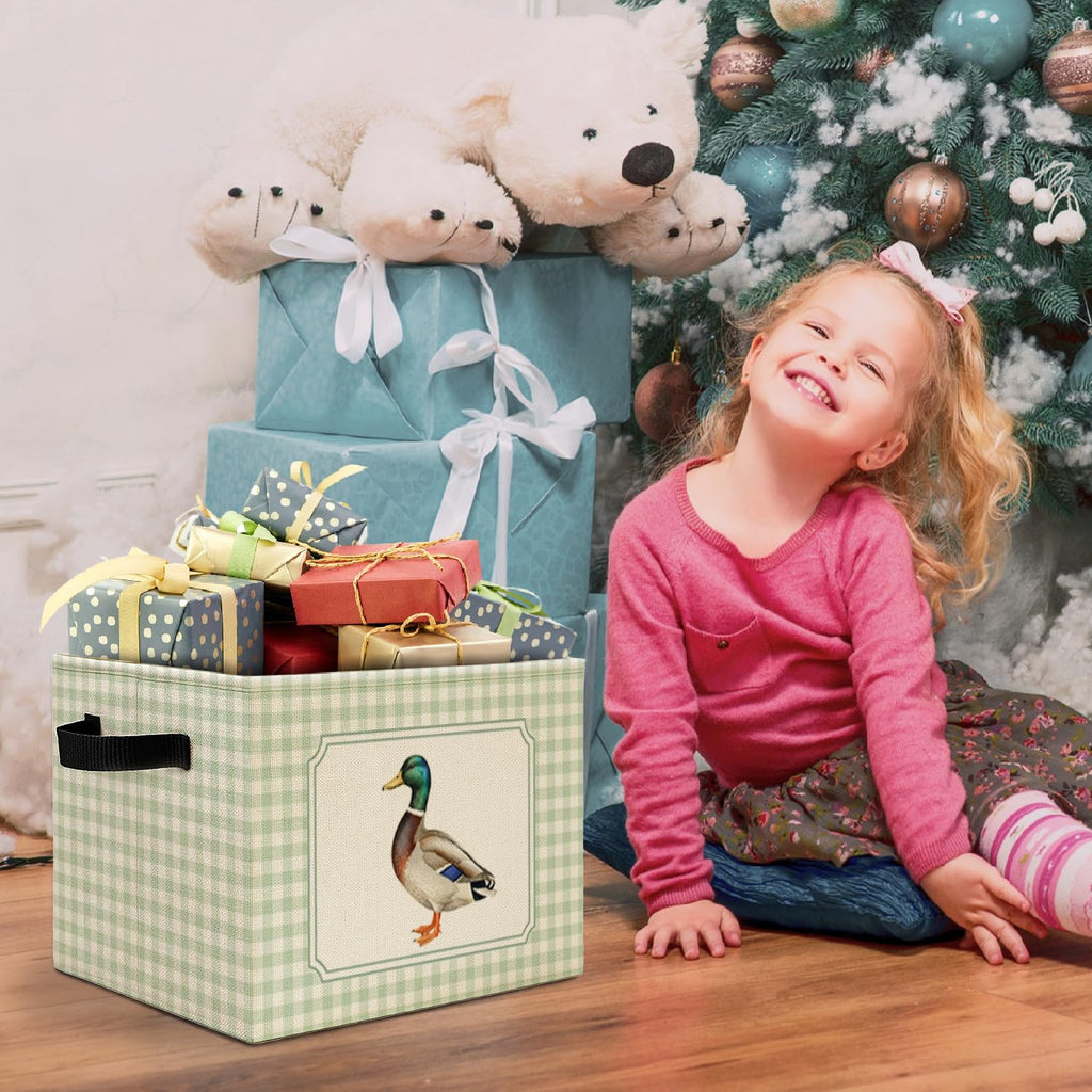 Mallard Duck Sage Green Checkered Storage Bins Box with Handles, Cottagecore Mallard Duck Plaid Laundry Basket Hamper