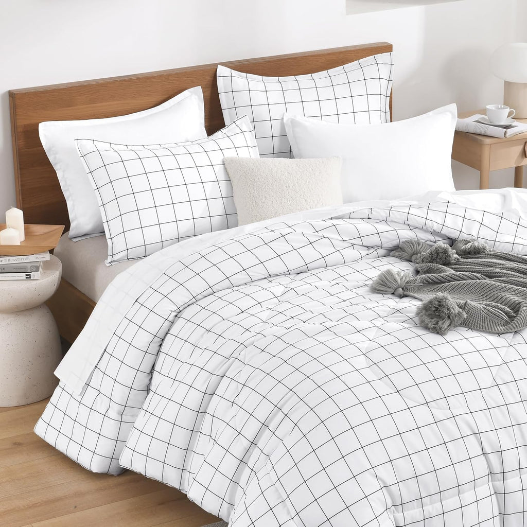 Full Comforter Sets, White Gingham Plaid Grid Checkered Bedding Comforter Set for Teens Boys Girls Kids, 3 Pieces