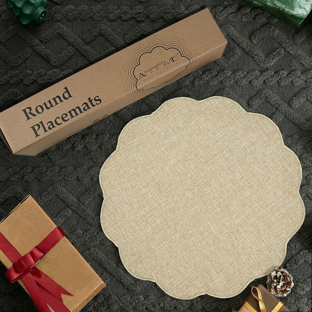 Round Faux Linen Placemats Heat Resistant Non-Slip Stain Proof Table Mats Dining Elegant Decor Place Mats - Set of 6