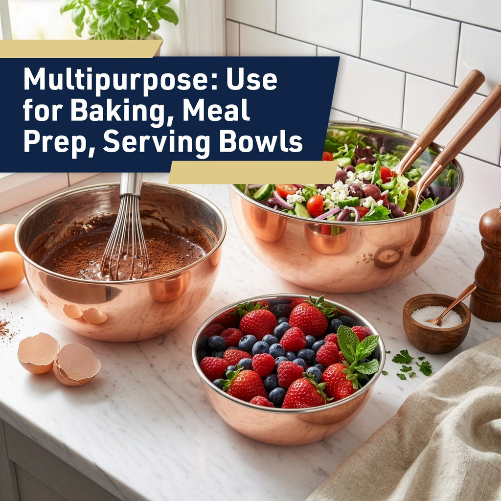 Copper Mixing Bowls - 3 Piece Bowl Set for Cooking, Baking, Serving, and Prepping - Copper Stainless Steel Mixing