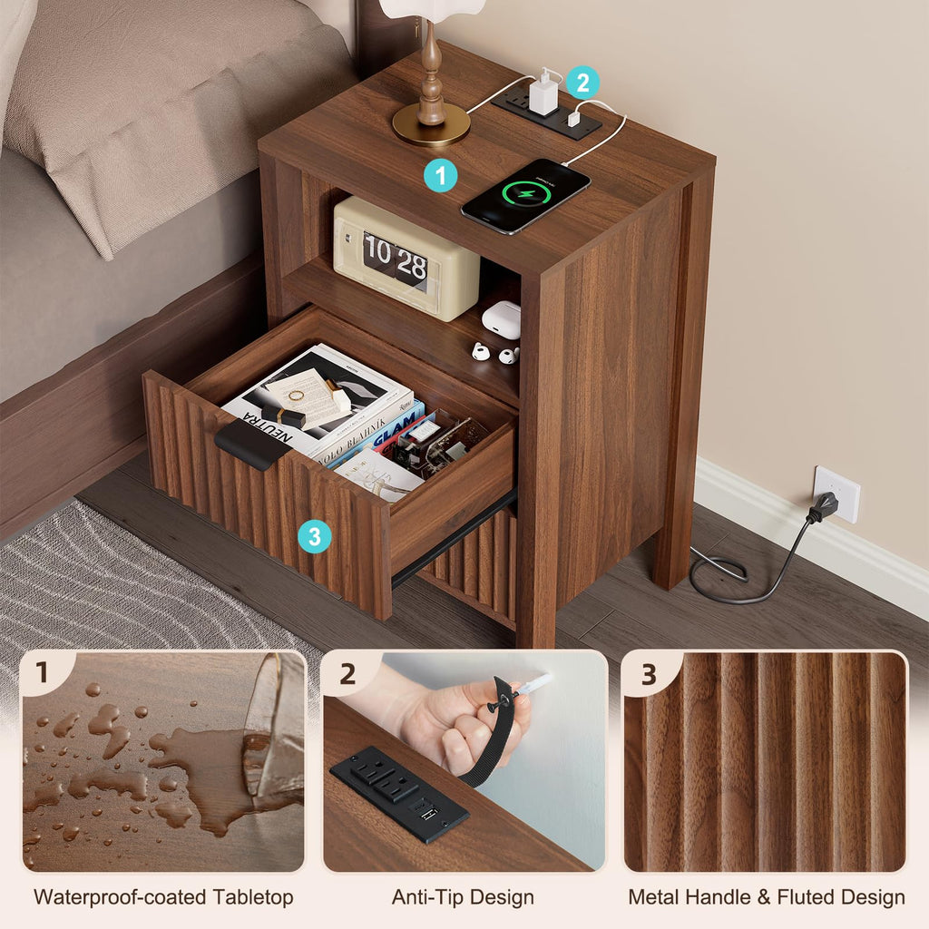 Night Stand Set 2, Fluted End Table Set of 2, Modern Nightstand with Charging Station, Wood Bedside Table with
