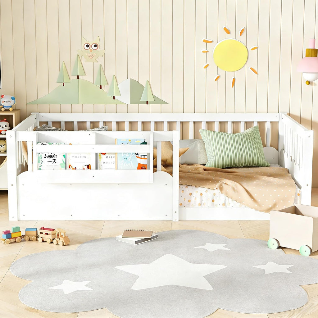 Twin Size Kids Floor Bed with Heightened Fence and Bookshelf, Wooden Twin Montessori Bed Frame for Girls Boys, White