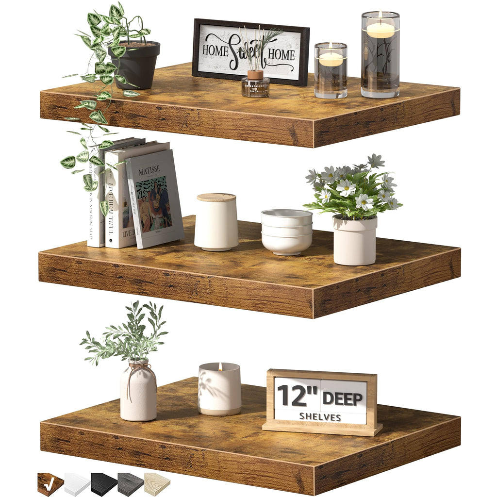 12" Deep Floating Projector Shelves Under TV Shelf (Brown, Set of 3)