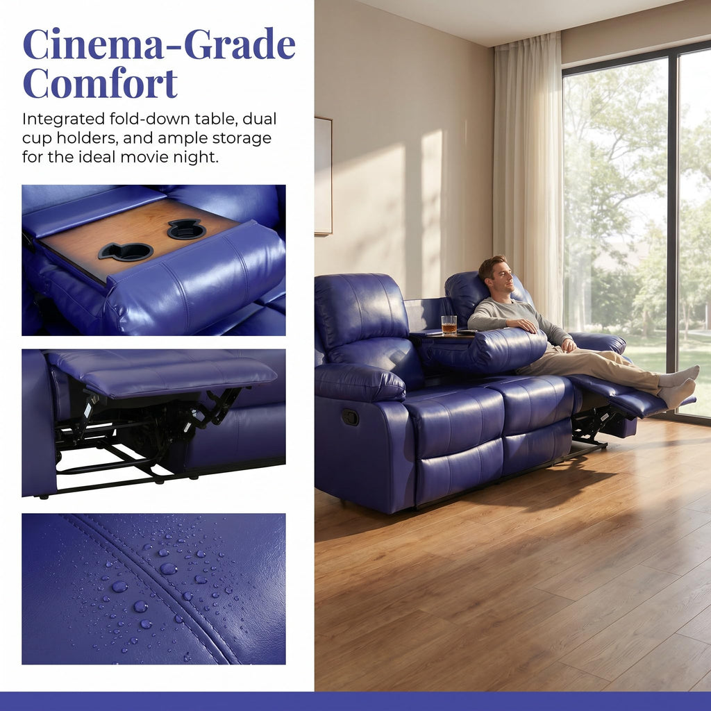 Faux Leather Recliner Sofa Set, Reclining Sofa Couch with Double Recliners, Blue Recliner Couch Set with Cup Holders