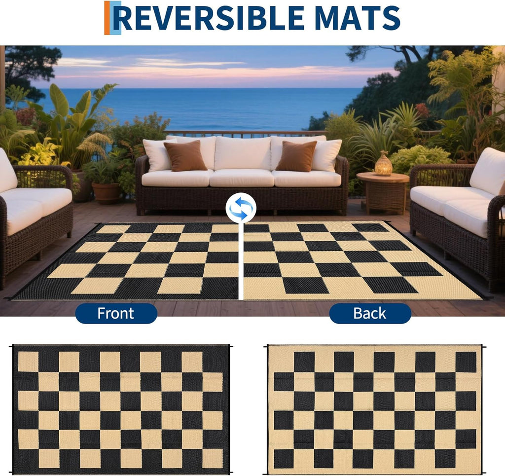 9x12 Checkerboard Outdoor Rug, Reversible Woven Plastic Straw Patio Mat, Checkered RV Camping Carpet with Corner
