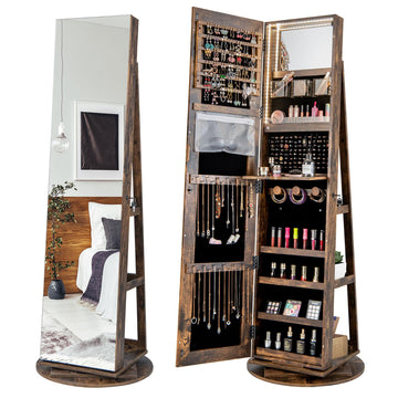 360° Rotating Mirror Jewelry Armoire, Freestanding Jewelry Organizer w/ 3-Color Lights, Full-length Mirror w/Jewelry