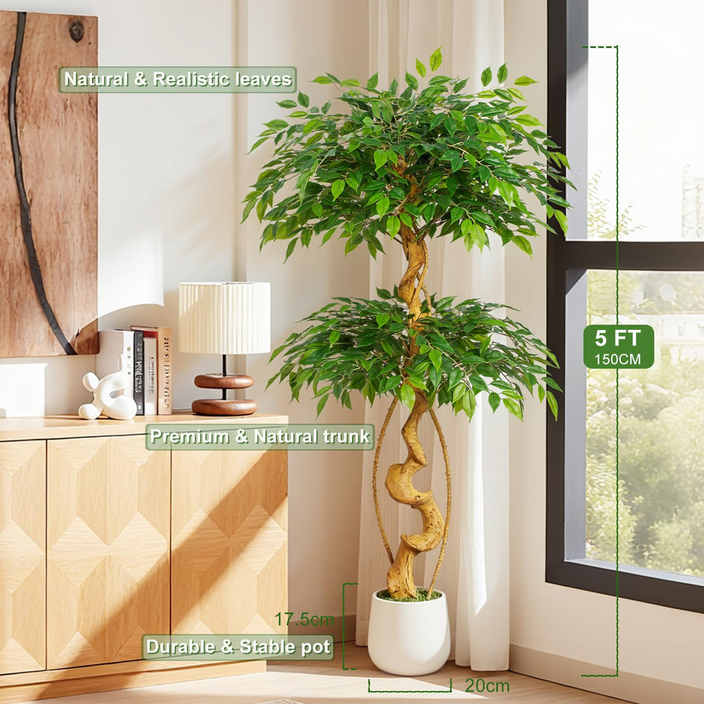 5ft Large Ficus Artificial Trees in White Pot, 60" Tall Fake Silk Tree with Natural Curved Trunk, Lush Faux Ficus