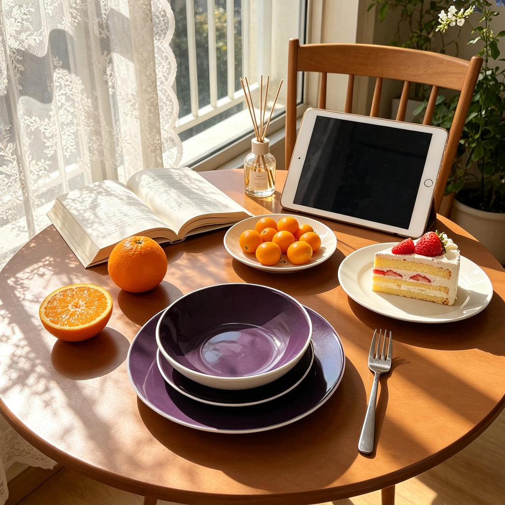 Stoneware Coupe Shape 18pc Dinnerware Set, Outside White + Inside Violet