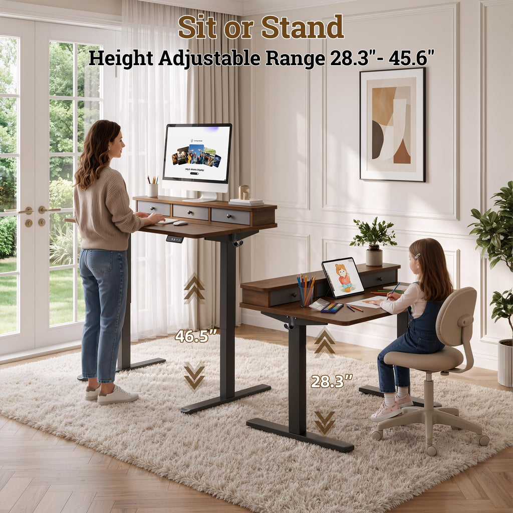 Small Standing Desk with 3 Drawers, 32" Computer Desk Vanity, Walnut