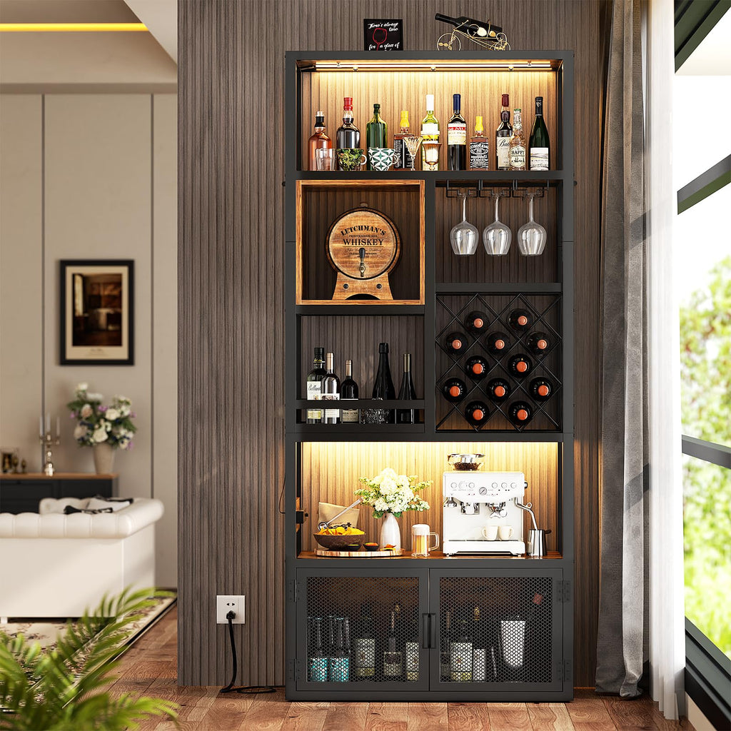 82.6" Tall Bar Cabinet with Power Outlets & LED Lights, Liquor Cabinet Bar, Reversible Coffee Station Wine Cabinet