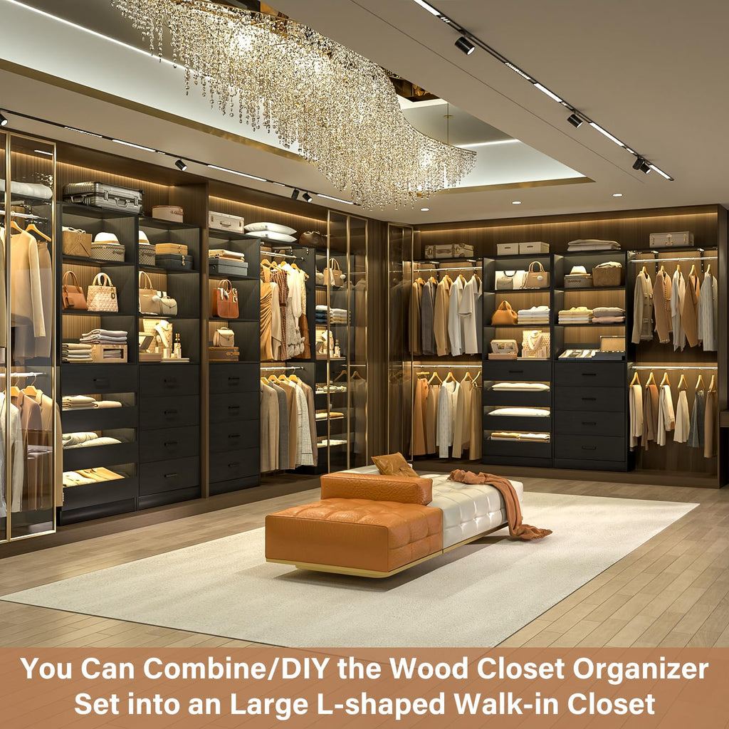 Closet System, Wood Closet Organizer System with 8 Drawers &4 Rods