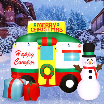 7 ft Christmas Inflatable RV with Snowman, Christmas Wreath and Gift Boxes, Blow Up Lighted Yard Decoration