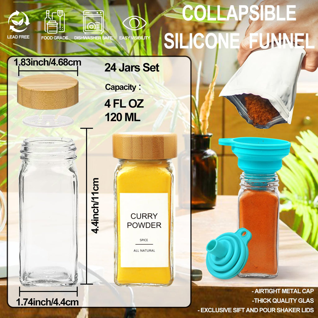 Glass Spice Jars with 398 Labels, 24 pcs 4oz Spice Containers with Bamboo Lids, Square Spice Bottles With Shaker