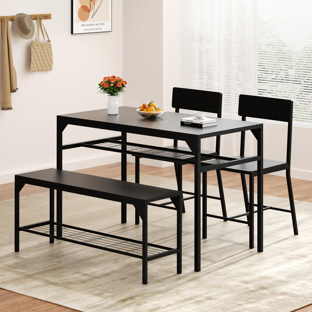 Dining Table Set for 4 with Bench and Chairs, Black