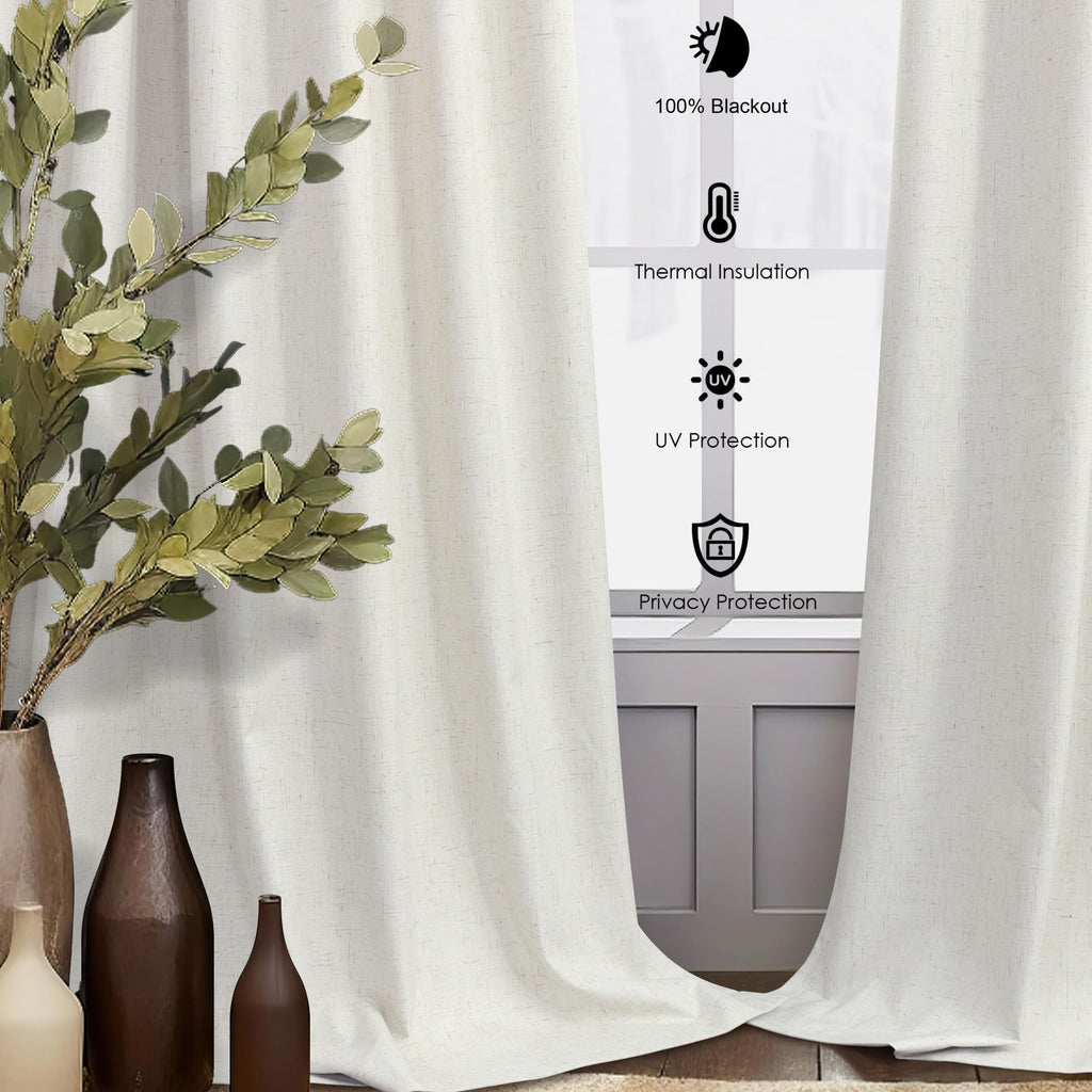 90 Inch Length Back Tab Natural Linen Blackout Bedroom Curtains 70 In Wide Cream Ivory Thermal Insulated Soundproof